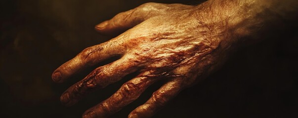 A close-up view of a weathered hand showing intricate details and textures, symbolizing experience and resilience.