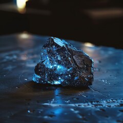 Glowing blue crystal rock on wet surface