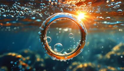 Ring Rising Through Sunlit Underwater Bubbles