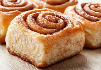 Wall Mural - Freshly baked cinnamon rolls on a wooden surface