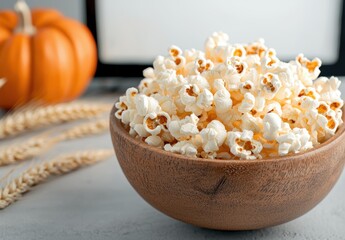 Canvas Print - Freshly popped popcorn in a wooden bowl