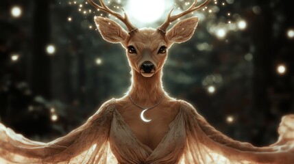 Wall Mural - Mystical deer with antlers and moon necklace in snowy forest