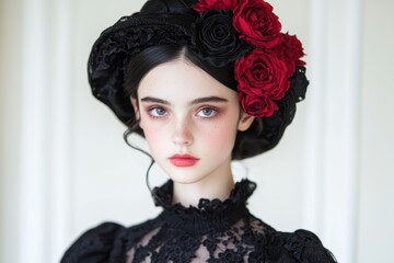 Poster - gothic fashion portrait of a young woman with dark hair and red roses