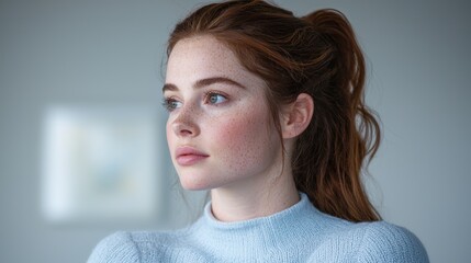 Poster - Thoughtful young woman with freckles and windblown hair