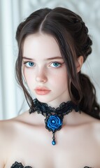 Wall Mural - Captivating portrait of a young woman with striking blue eyes and a delicate lace choker