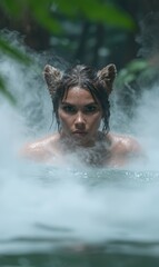 Poster - Mysterious woman with cat ears in misty forest