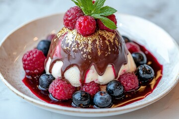 Wall Mural - Delicious chocolate dessert with fresh berries