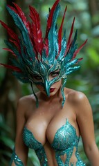 Sticker - Exotic feathered costume in tropical setting