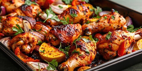 Poster - Sheet pan with barbecue chicken drumsticks and roasted veggies