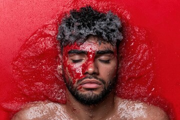 Wall Mural - Dramatic portrait of a man covered in red liquid