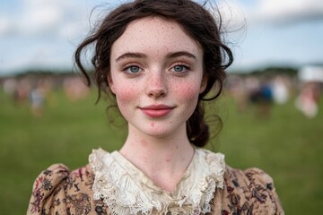 Poster - Charming young woman with curly hair and freckles in a floral dress