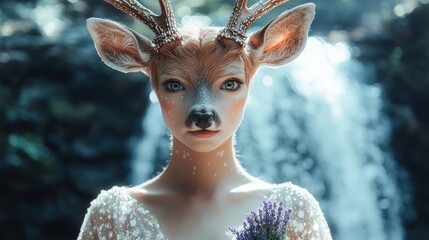 Wall Mural - Enchanting winter fairy with deer antlers and lavender