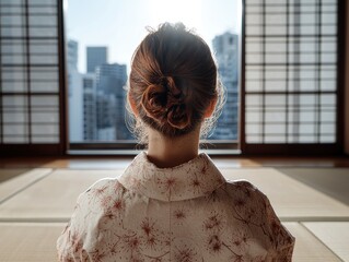 Sticker - woman with elegant updo hairstyle looking out window at cityscape