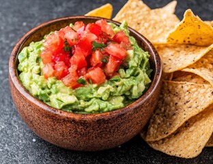 Wall Mural - Homemade guacamole with fresh tomatoes and tortilla chips