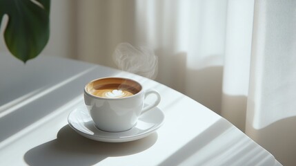 Wall Mural - Steaming cup of latte art on a white table in sunlight, cozy morning coffee break concept