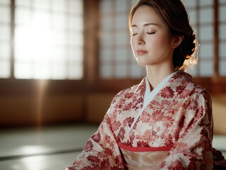 Sticker - woman in traditional japanese kimono with eyes closed