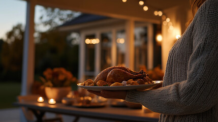 Woman hands holding plate with roasted turkey with vegetables against background of festive table with pumpkins and candles on Thanksgiving Day.