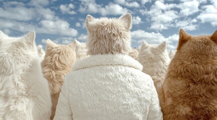 Wall Mural - group of fluffy white cats looking up at the sky