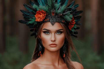 Wall Mural - Enchanting woman in feathered headdress