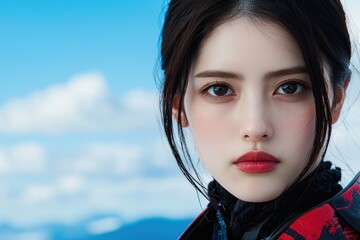 Poster - Captivating portrait of a young asian woman with red lips and dark hair against a blue sky