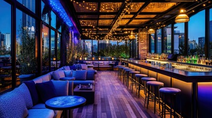 Trendy rooftop bar with stylish seating  city lights  and a relaxed  