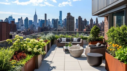 Wall Mural - Urban rooftop garden with potted plants, modern furniture, and a panoramic city view