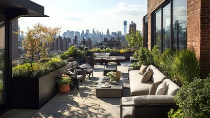 Wall Mural - Urban rooftop garden with potted plants, modern furniture, and a panoramic city view