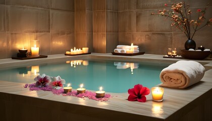 Wall Mural - Indulgent Spa Retreat Featuring Bathtub, Candles, Towels, and Fresh Flowers for Ultimate Relaxation and Tranquility