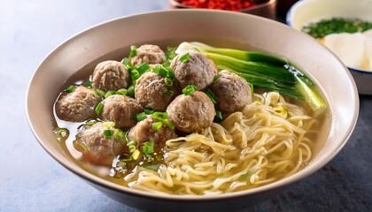 Wall Mural - Bowl of Meatball Noodle Soup with Green Onions