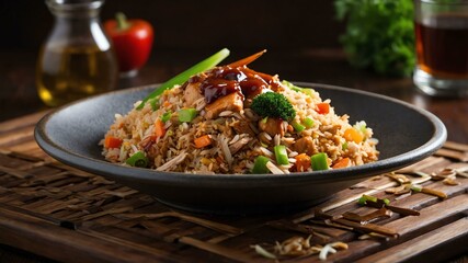 Wall Mural - leonardo kino xl bbq chicken fried rice fried rice flavored w served aesthetically with a background of fine dining restaurant