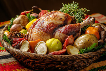 Roasted Chicken and Vegetables in a Basket