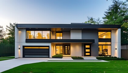 Wall Mural - Contemporary Home with Spacious Garage and Expansive Windows Surrounded by a Lush Lawn