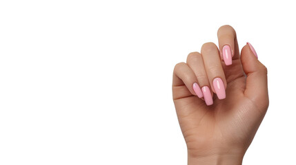 Wall Mural - Woman's hand with freshly done pink nails on transparent background