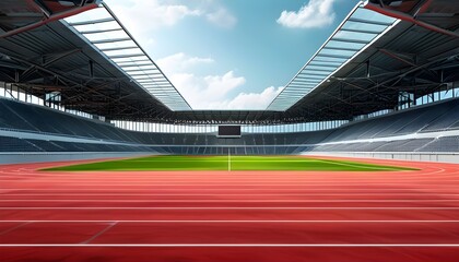 Dynamic Athletic Stadium Showcasing Red Track and Skylight, Symbolizing Speed, Competition, and Architectural Excellence in Sports