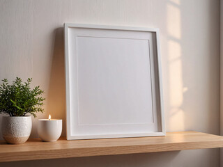 White frame resting on wooden shelf in modern room