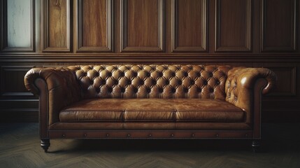 Wall Mural - Worn leather Chesterfield sofa with button tufting, set in a room with dark wood paneling