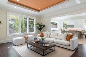 Wall Mural - Modern American style living room with wood flooring and orange accents