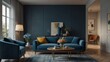 © JohnDesignHub - Cozy modern living room with blue furniture and elegant decor elements.