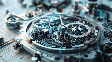 A clock with many gears and a face with the hands at The clock is made of metal and has a vintage look to it