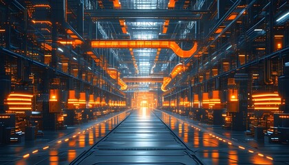 Futuristic Factory with Interconnected Structures and Glowing Orange Lights, Representing Industrial Design and Technological Innovation