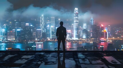 Wall Mural - A man stands in the middle of a city with tall buildings and a bright blue sky. The city is lit up with neon lights, creating a futuristic and vibrant atmosphere