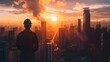 © นายเวิ่น เว้อ - A man in a hard hat stands in front of a city skyline with a sunset in the background
