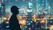 © นายเวิ่น เว้อ - A man in a hard hat stands in front of a city skyline. Concept of urban life and the importance of safety in construction