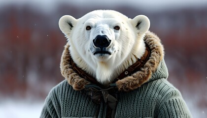 Trendy polar bear in a cozy winter garment showcasing vibrant colors and playful patterns against a snowy backdrop