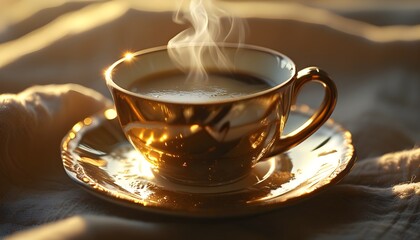 Morning warmth in a golden glow: a top view of a coffee cup with vapor, evoking comfort in crisp digital clarity