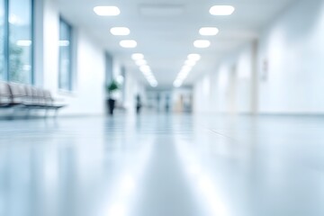Wall Mural - blurred white business office corridor in modern medical facility design with bright lighting and cl