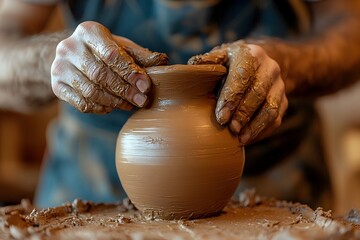 A skilled and passionate potter carefully and precisely shaping a stunning handcrafted ceramic vase from clay in their workshop or studio