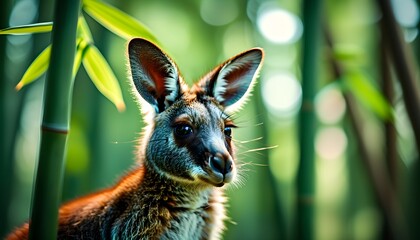 Sticker - Kangaroo in lush bamboo with vibrant green leaves, soft focus backdrop, professional color grading, and clean sharp details