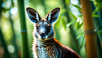 Sticker - Kangaroo in lush bamboo with vibrant green leaves, soft focus backdrop, professional color grading, and clean sharp details