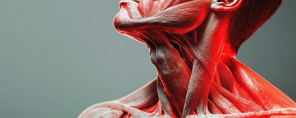 A detailed view of human anatomy showcasing red muscle structures against a gray background, emphasizing the beauty of the human body.